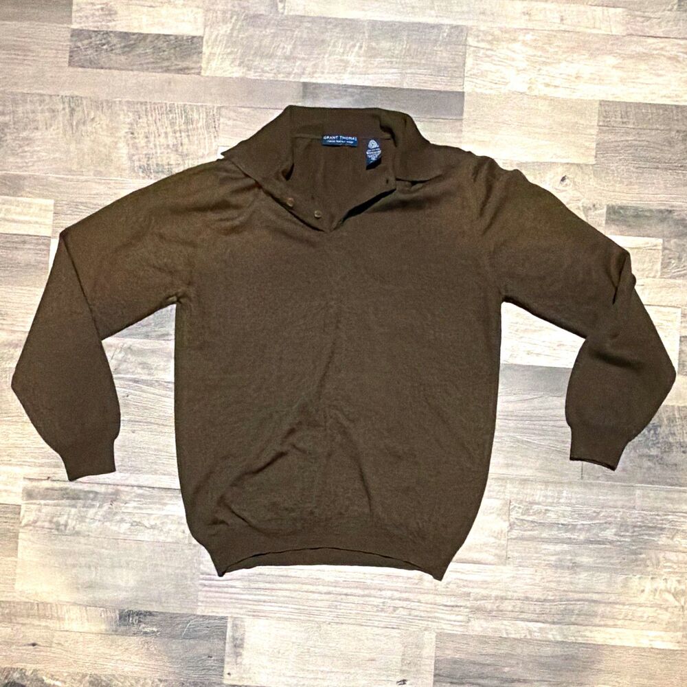 Grant Thomas Men's Merino Wool Knit Sweater Brown Collared Button Pullover S